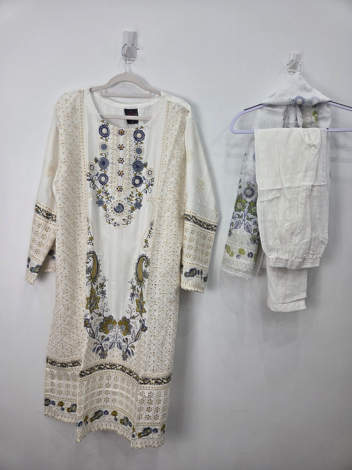 White chikankari doriya lawn shirt with multi embroidery and printed dupatta