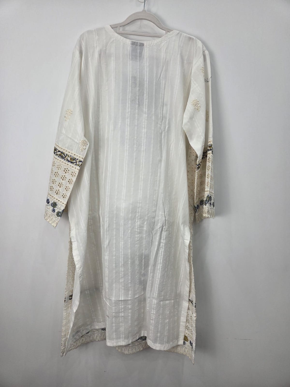 White chikankari doriya lawn shirt with multi embroidery and printed dupatta