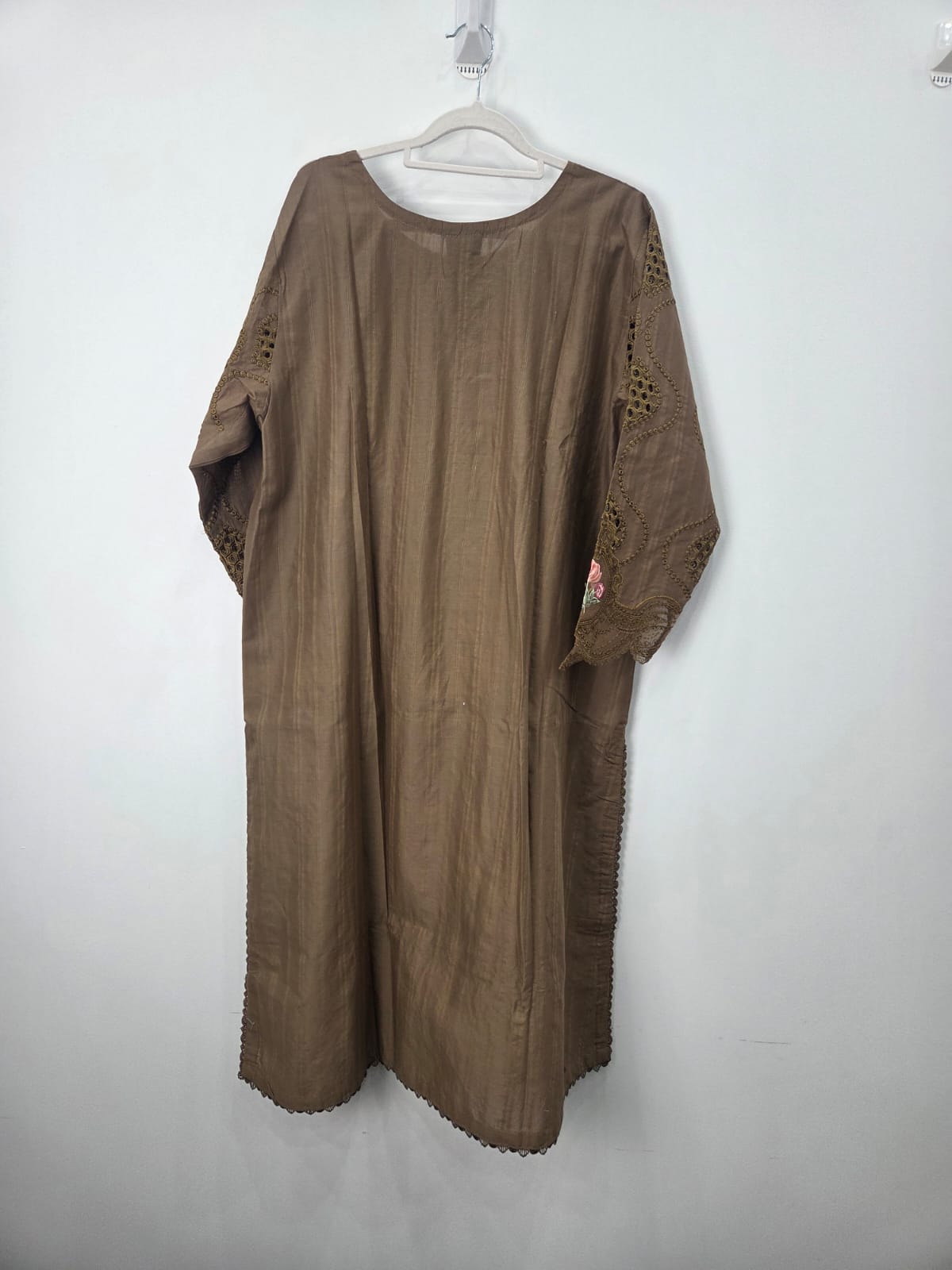 Brown cotton lawn shirt with cutwork embroidery and pink floral motifs