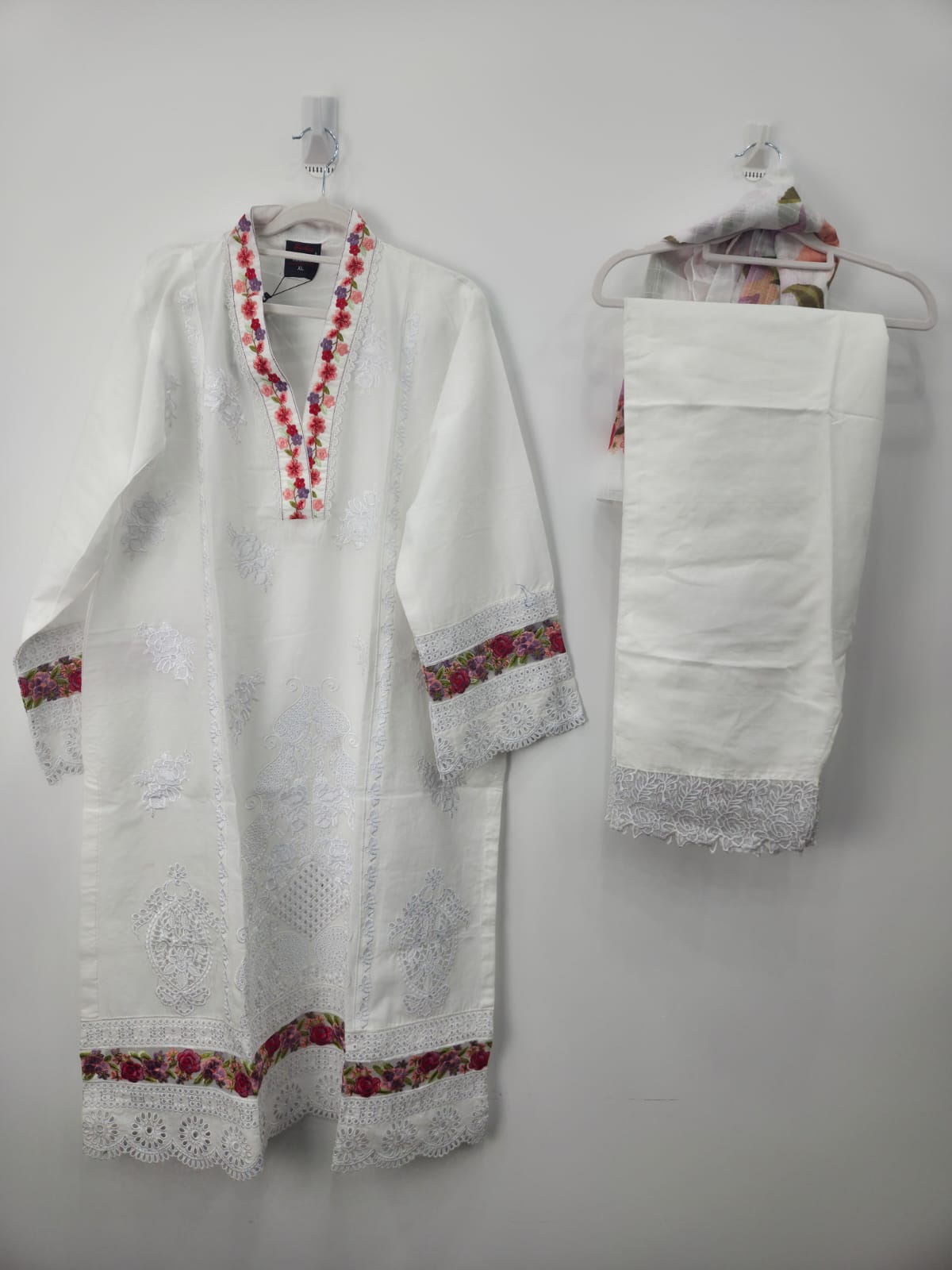 White chikankari doriya lawn shirt with embroidery and floral borders