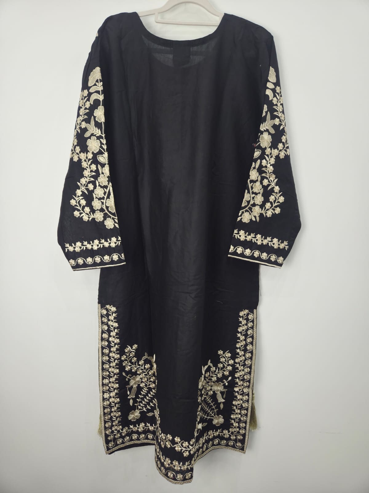 Black embroidered cotton lawn 3-piece suit with plain trouser and printed dupatta