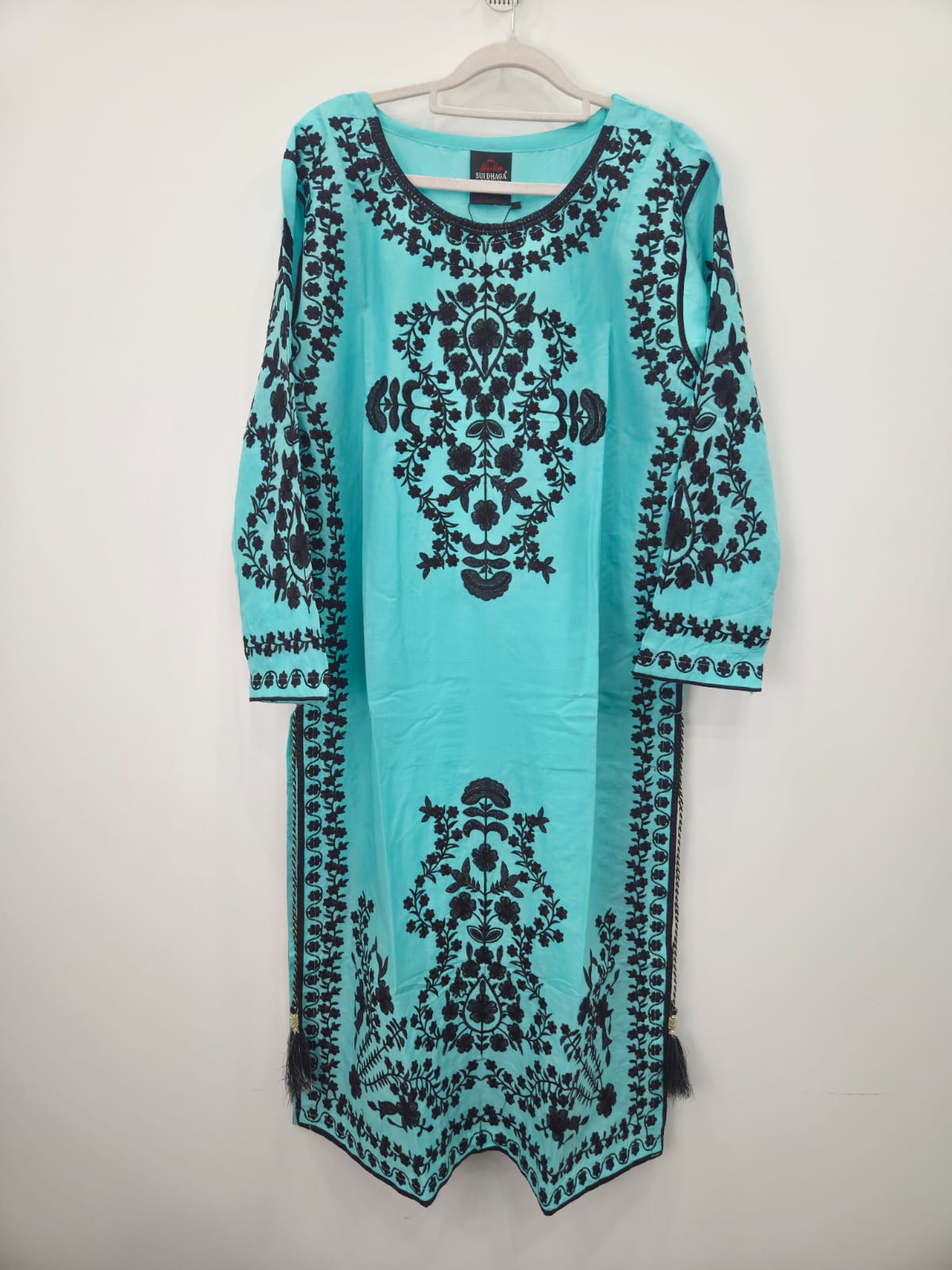 "Aqua cotton lawn shirt with black embroidery front and side tassels