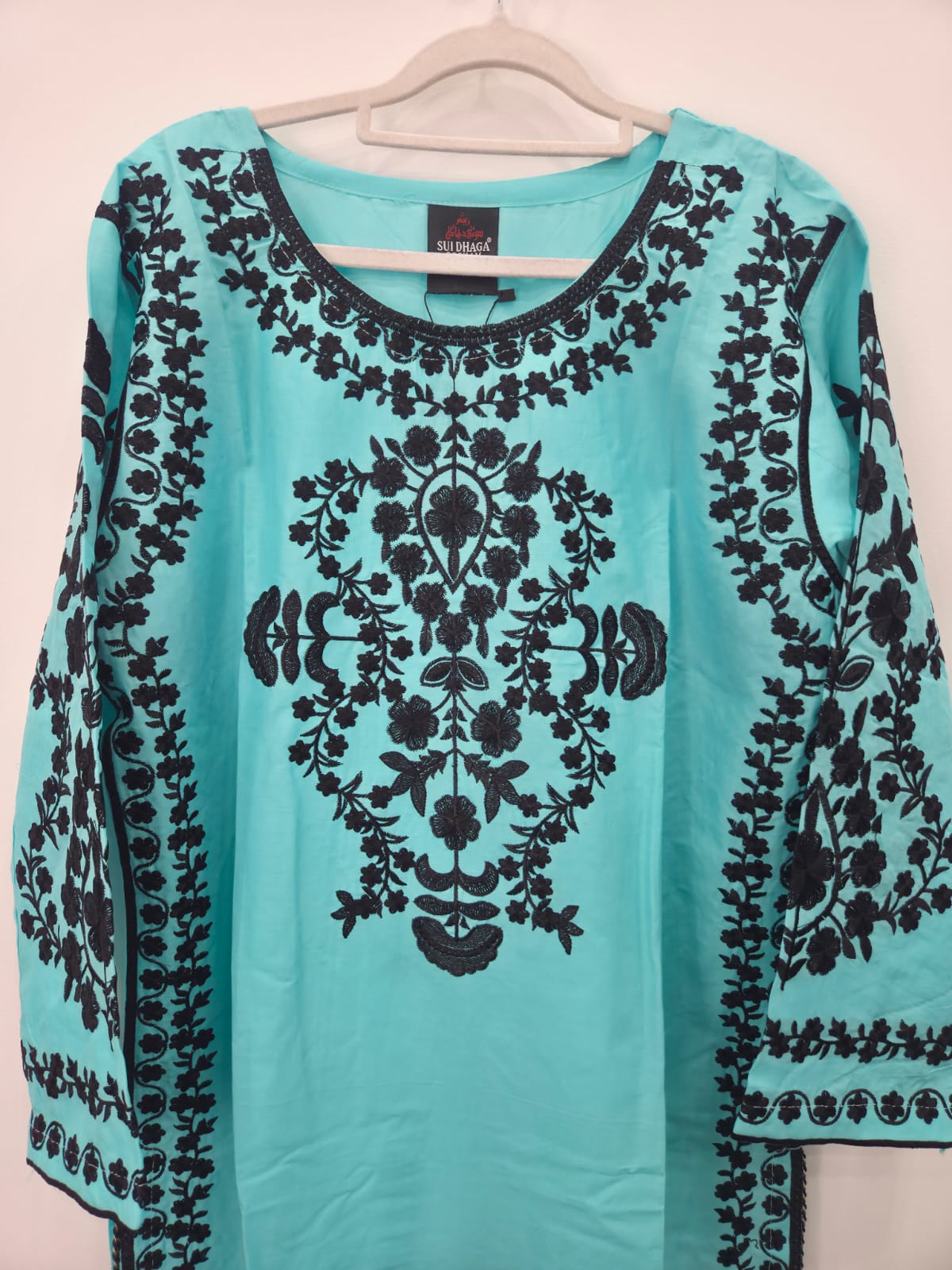 "3-piece aqua cotton lawn suit with embroidered shirt, plain trouser, and printed dupatta"