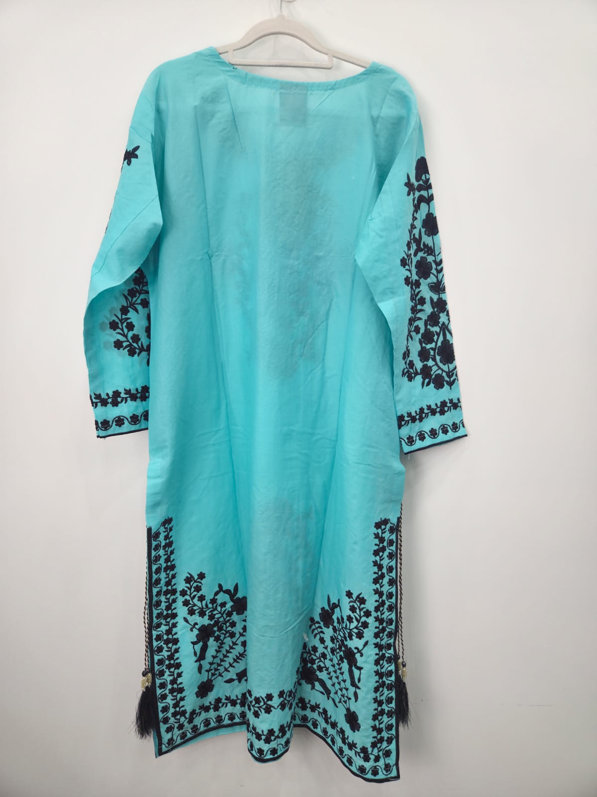 "3-piece aqua cotton lawn suit with embroidered shirt, plain trouser, and printed dupatta"