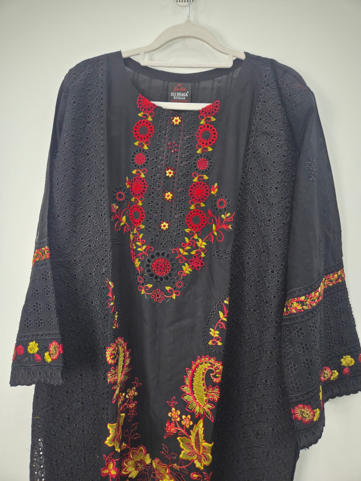 Black Heavy Embroidered Doriya Lawn 3-Piece Suit with Multi Embroidery & Printed Dupatta
