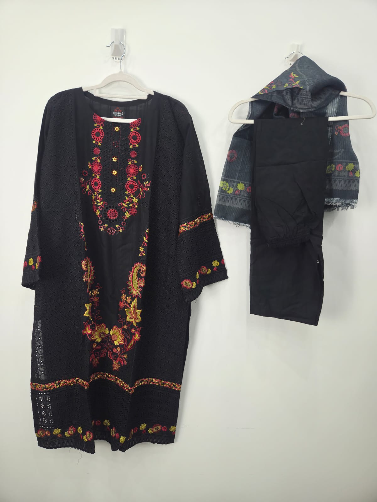 Black Heavy Embroidered Doriya Lawn 3-Piece Suit with Multi Embroidery & Printed Dupatta