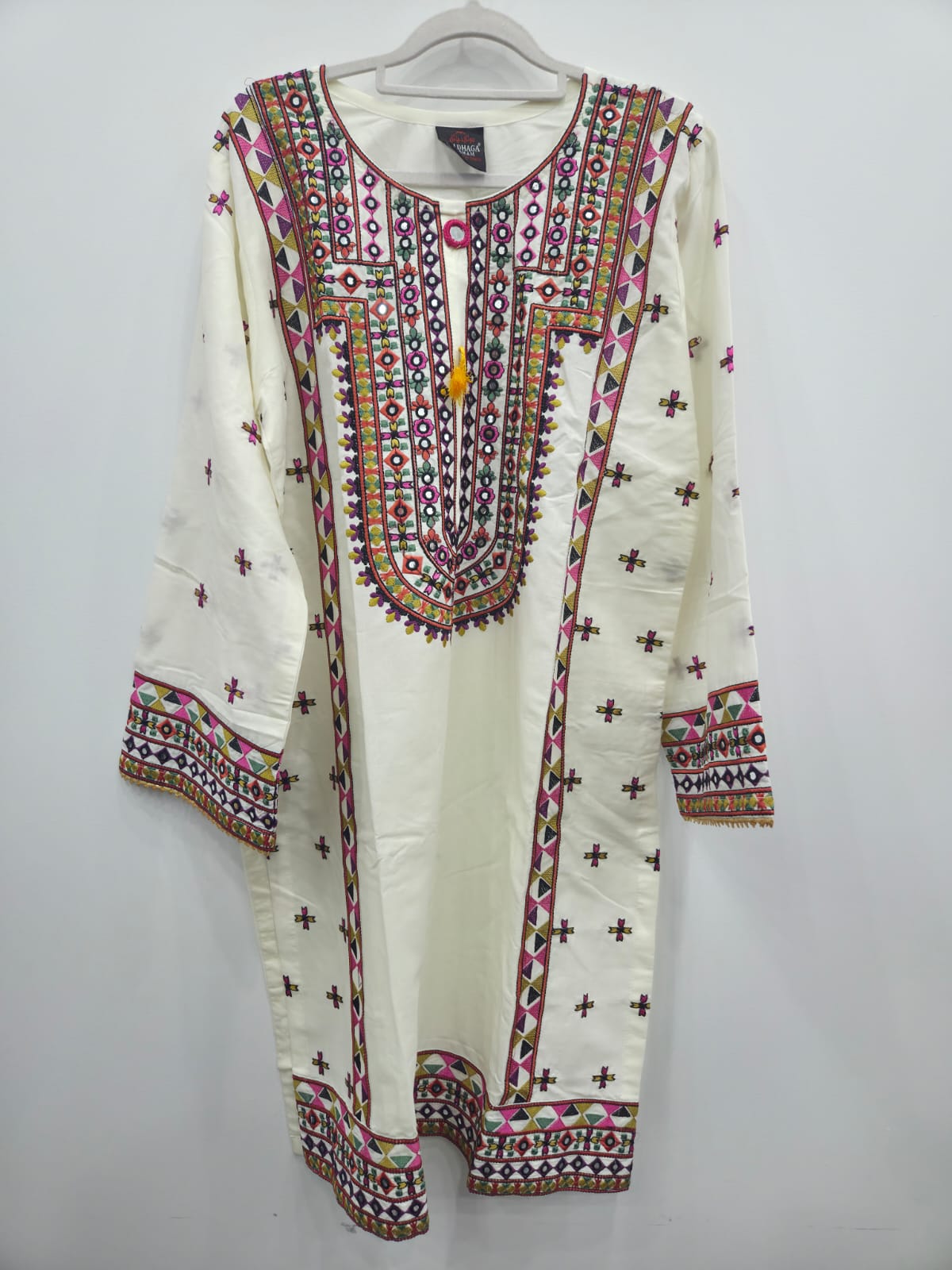 White cotton lawn shirt with multi embroidery and farshi shalwar, paired with printed diamond dupatta