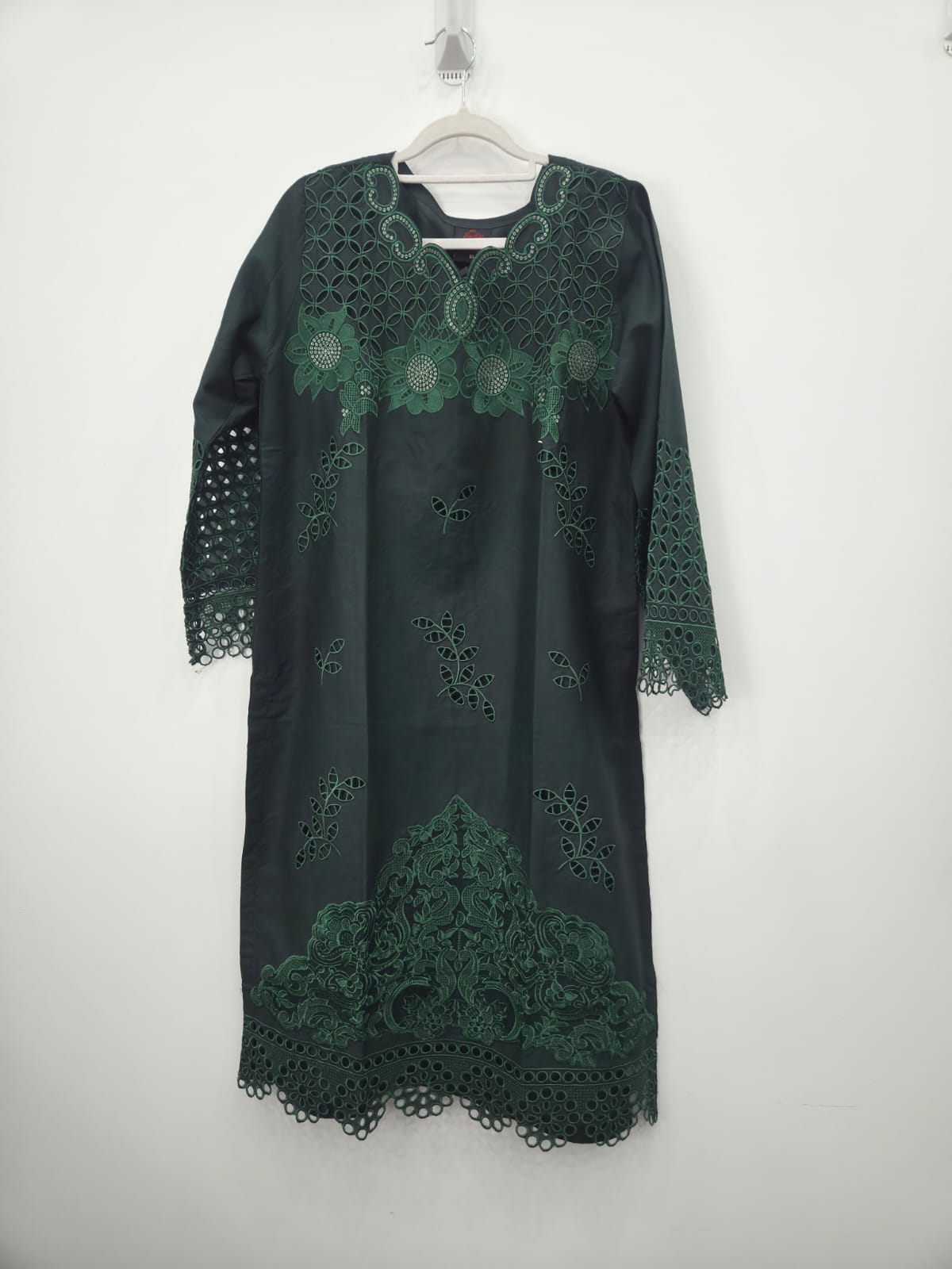 Green embroidered lawn shirt with sitari work and cutwork lace sleeves