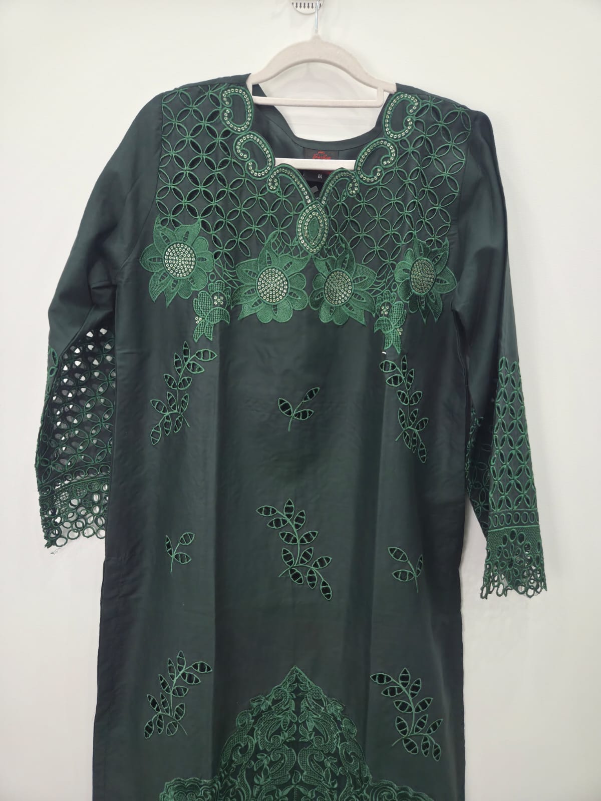 Green 3 piece lawn suit with plain trouser and organza dupatta