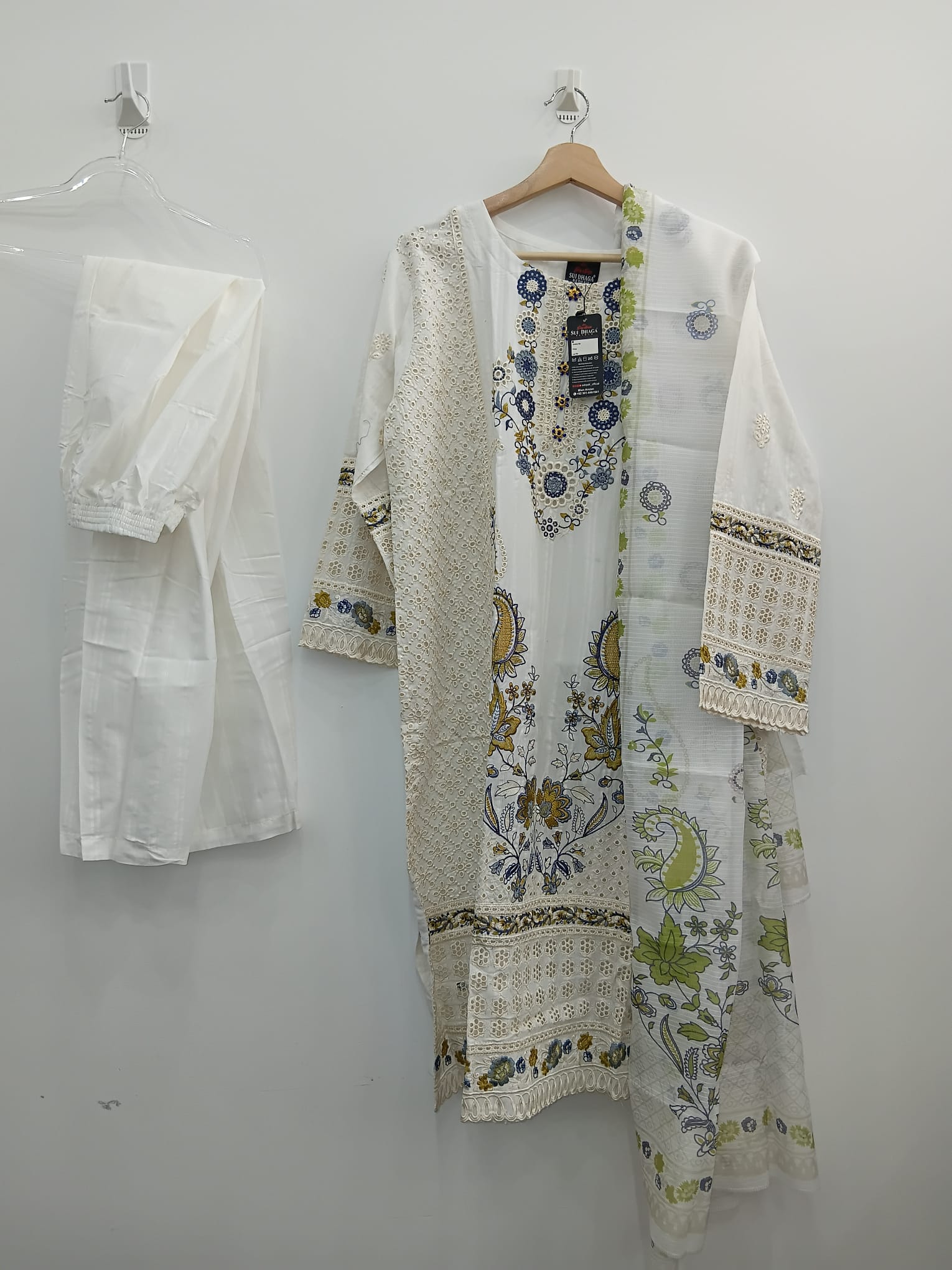 White embroidered chikankari doriya lawn 3-piece suit with plain trouser and printed dupatta