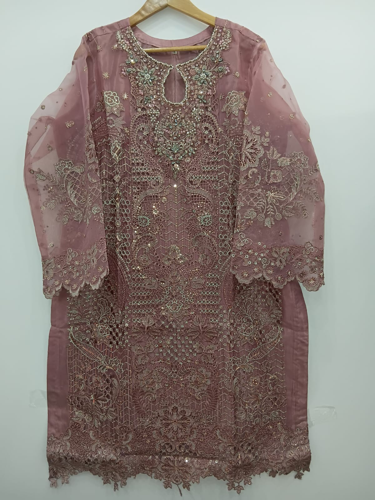 Dark pink organza shirt with cutwork, pearl patches, and embroidery