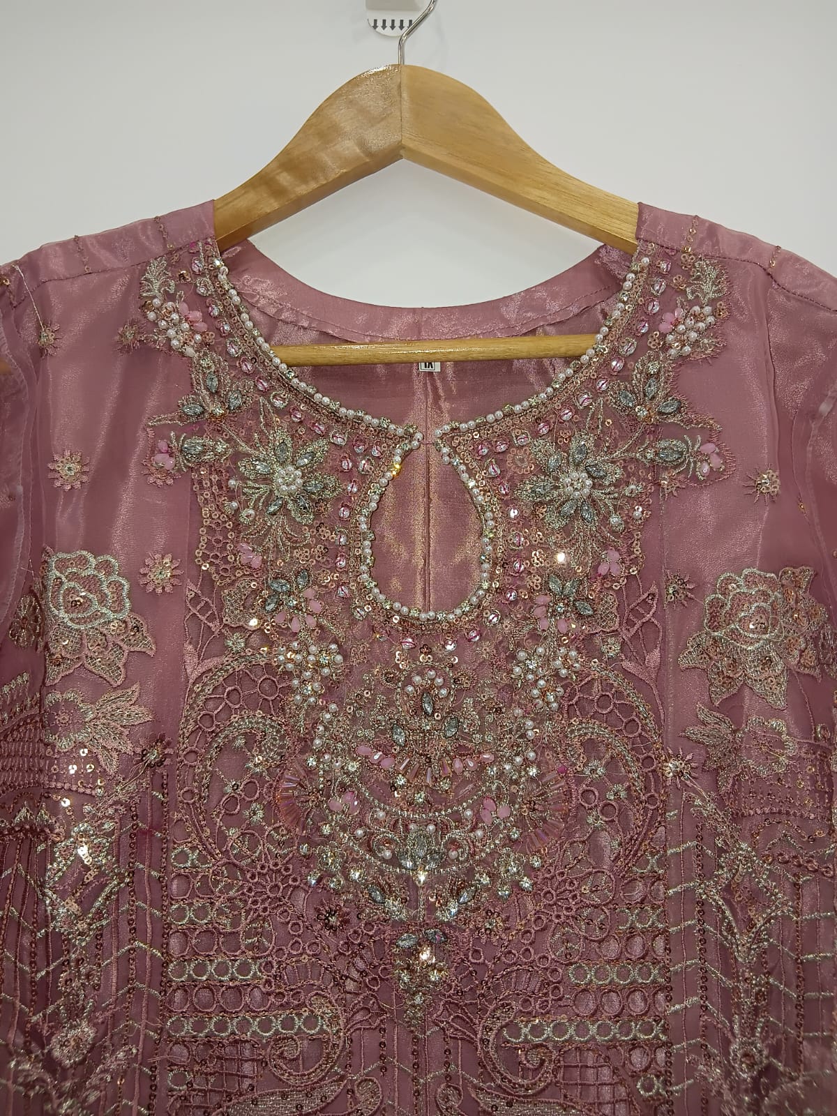 Dark pink organza shirt with cutwork, pearl patches, and embroidery