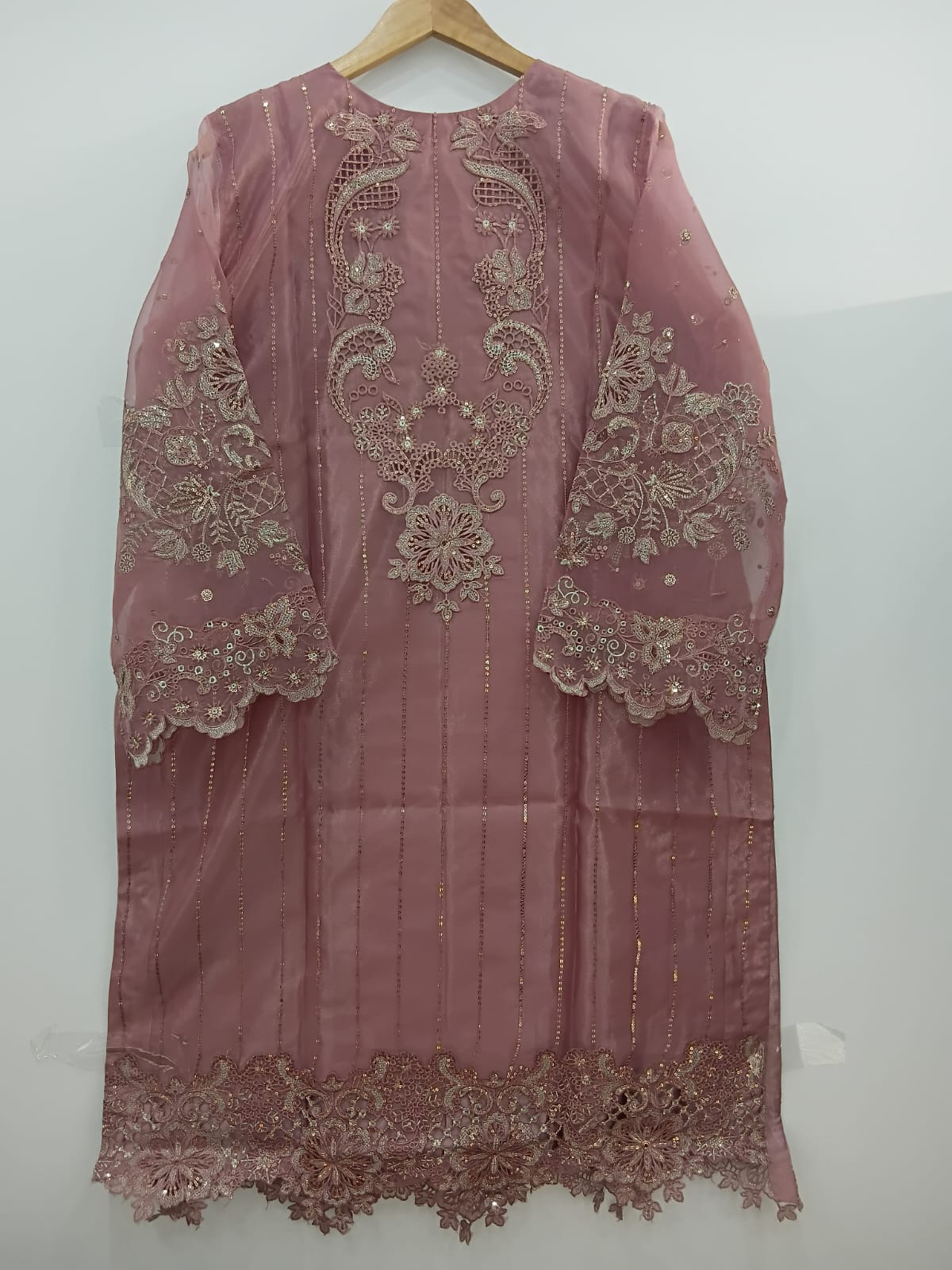 Dark pink organza shirt with cutwork, pearl patches, and embroidery