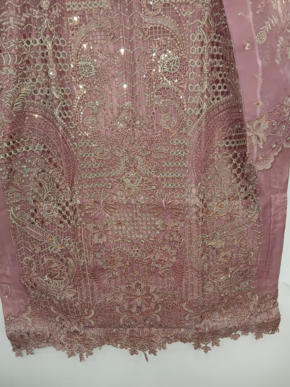 Dark pink organza 3-piece suit with katan lining, trouser, and organza dupatta