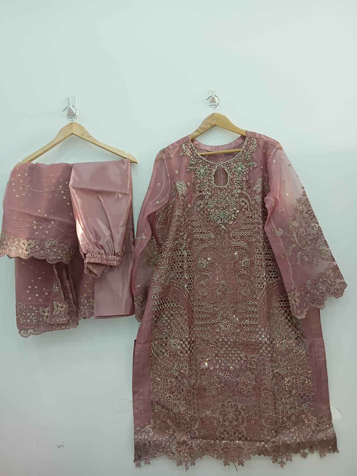 Dark pink organza 3-piece suit with katan lining, trouser, and organza dupatta