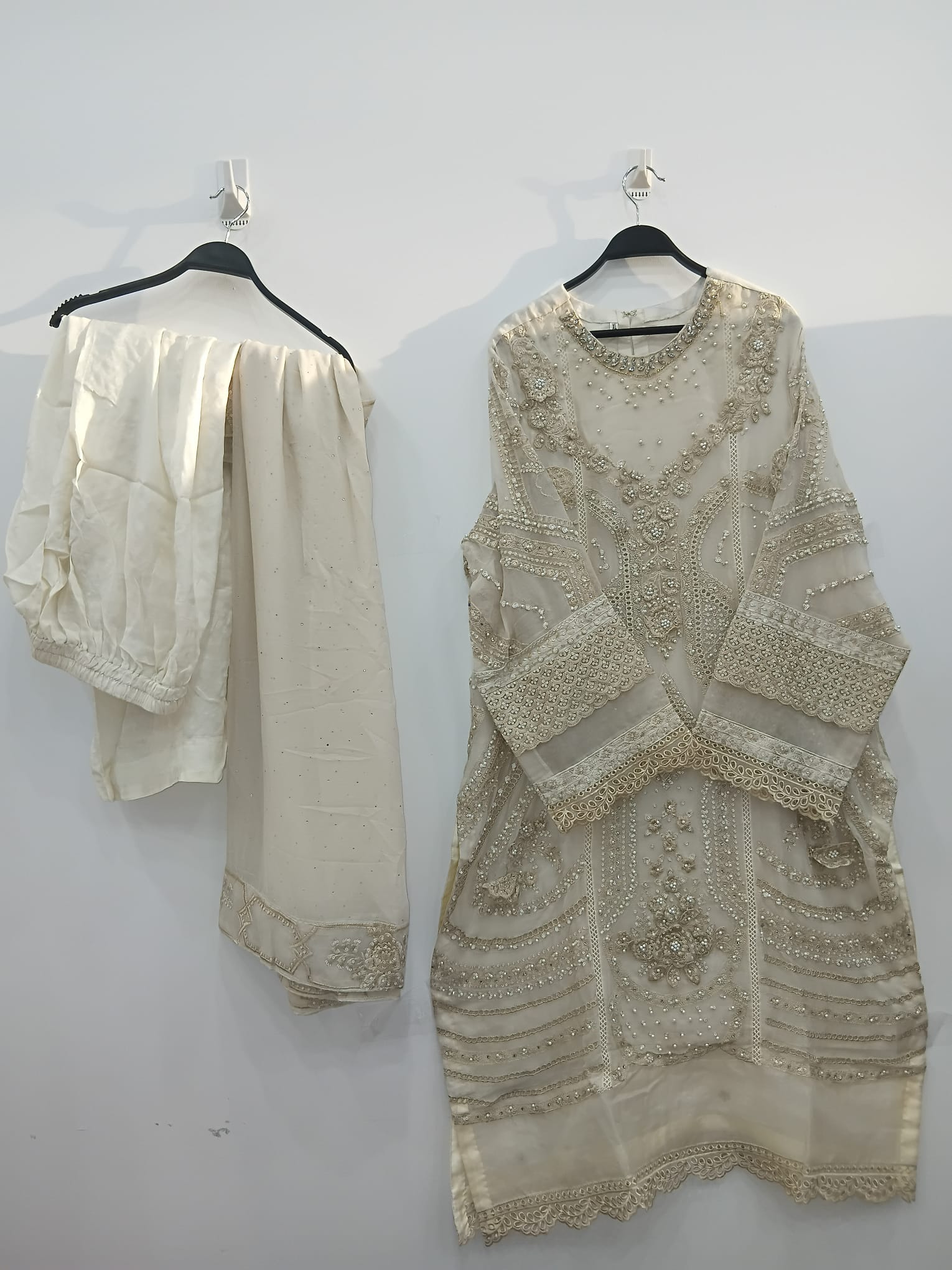 White Maria B inspired chiffon shirt with pearl neckline and embroidery