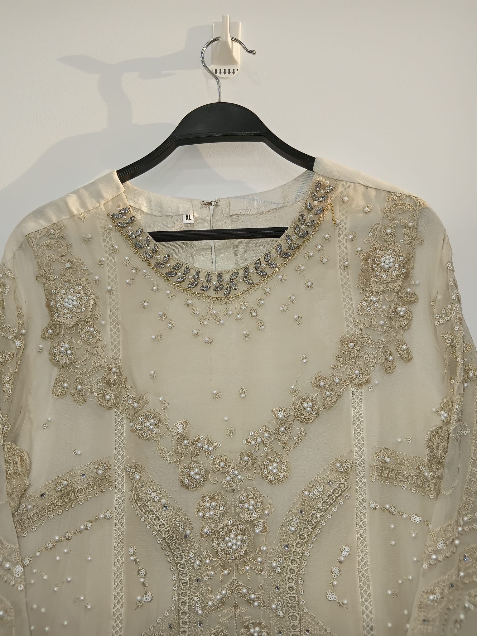 White 3-piece Maria B inspired outfit with raw silk trouser and chiffon dupatta