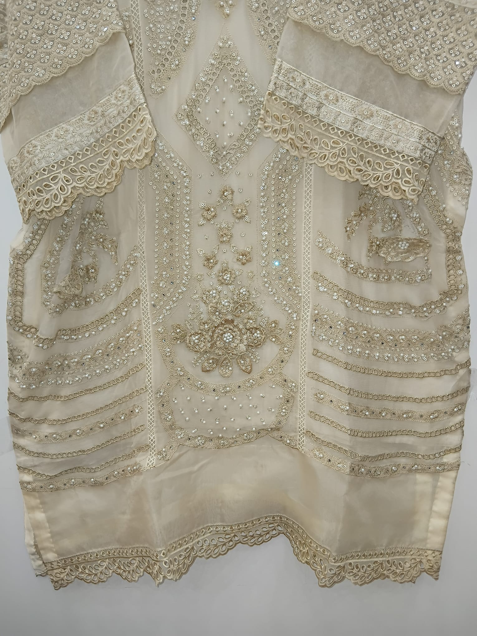 White 3-piece Maria B inspired outfit with raw silk trouser and chiffon dupatta