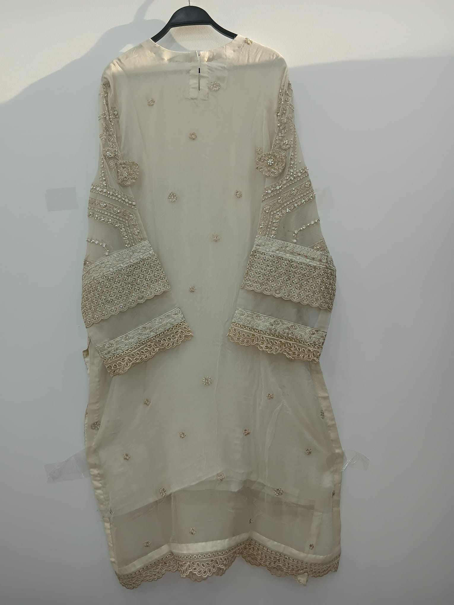 White Maria B inspired chiffon shirt with pearl neckline and embroidery