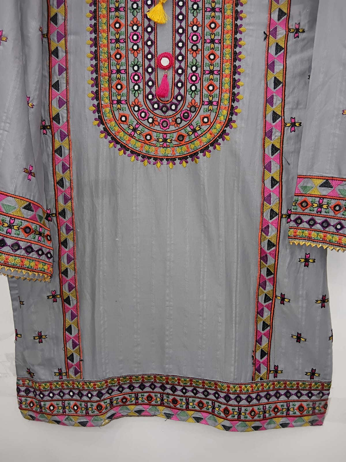 Gray cotton lawn shirt with multi embroidery and farshi shalwar