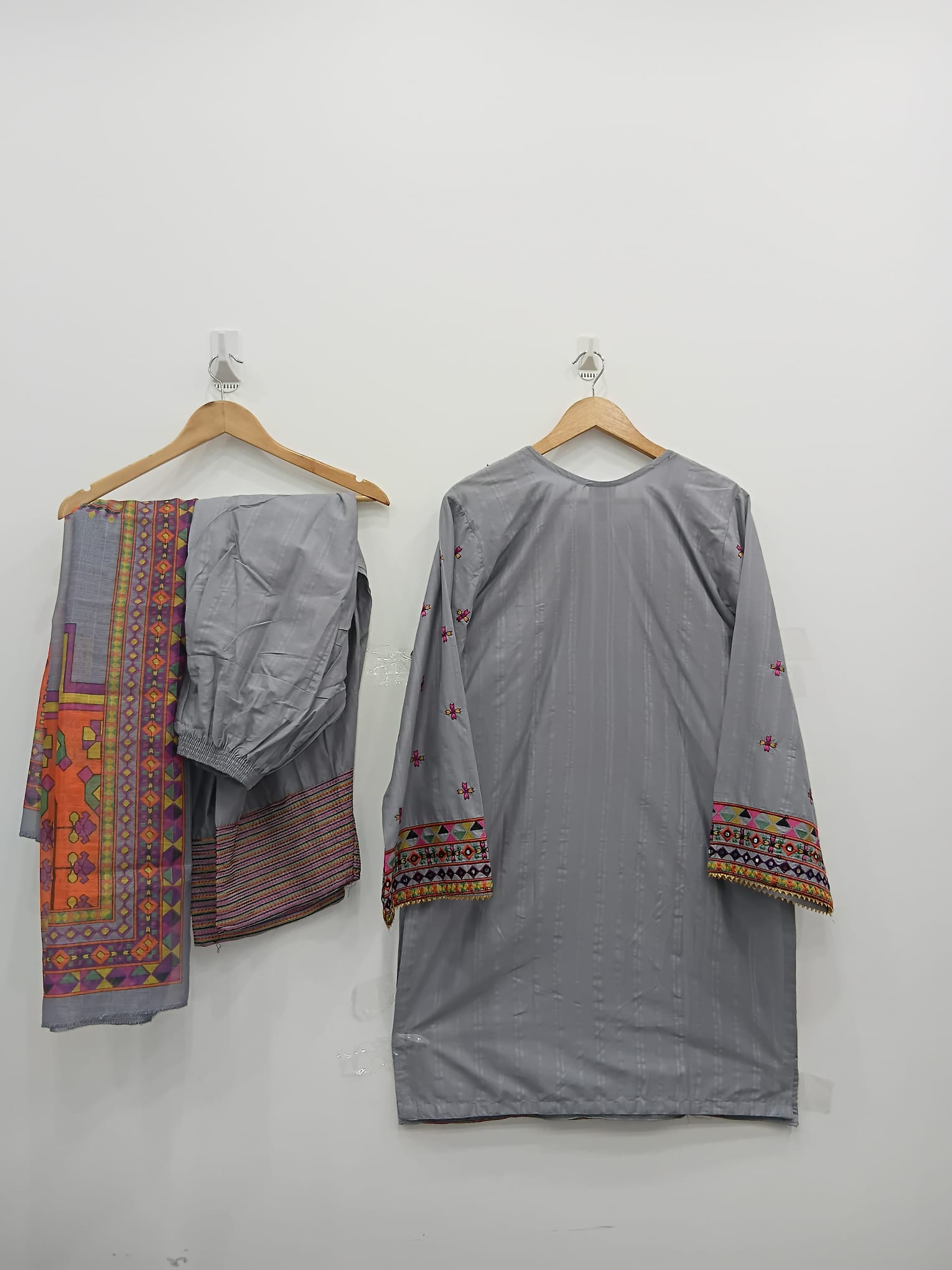 Gray cotton lawn shirt with multi embroidery and farshi shalwar