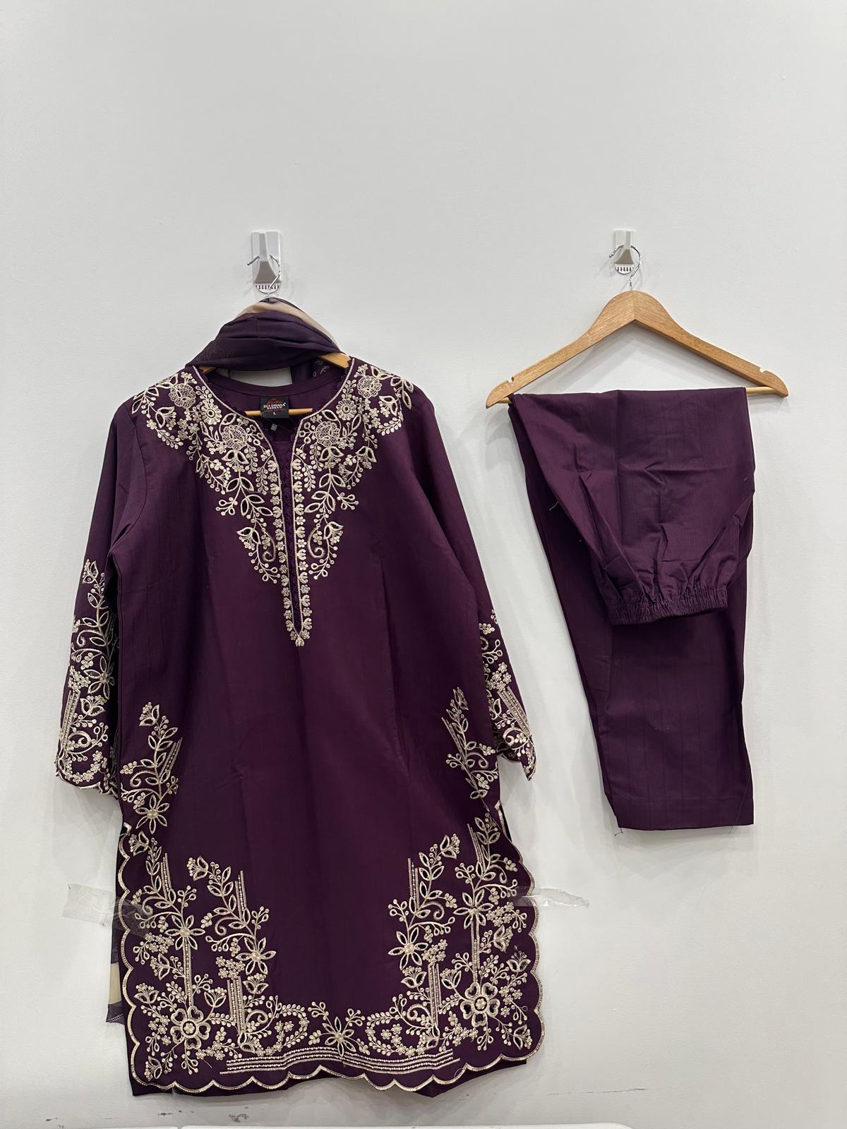 Magenta cotton lawn shirt with chikankari embroidery and sitari embellishments