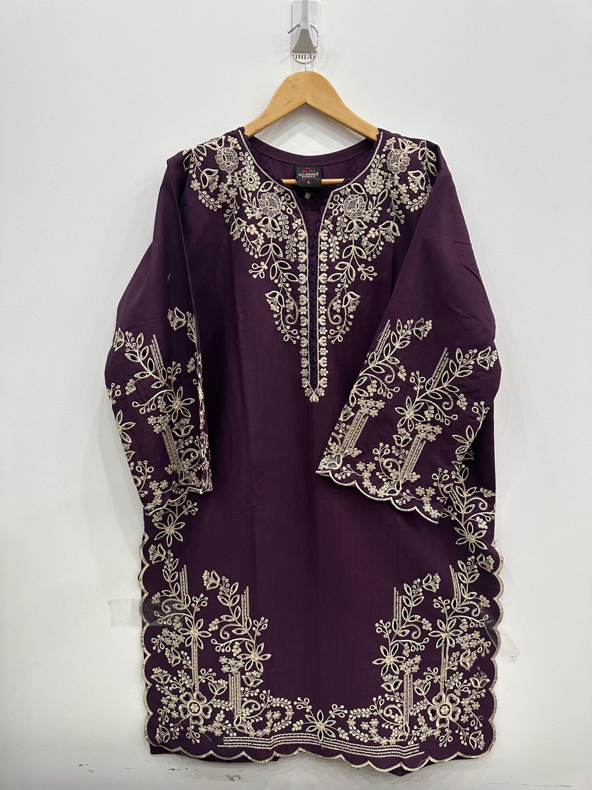 Magenta cotton lawn shirt with chikankari embroidery and sitari embellishments