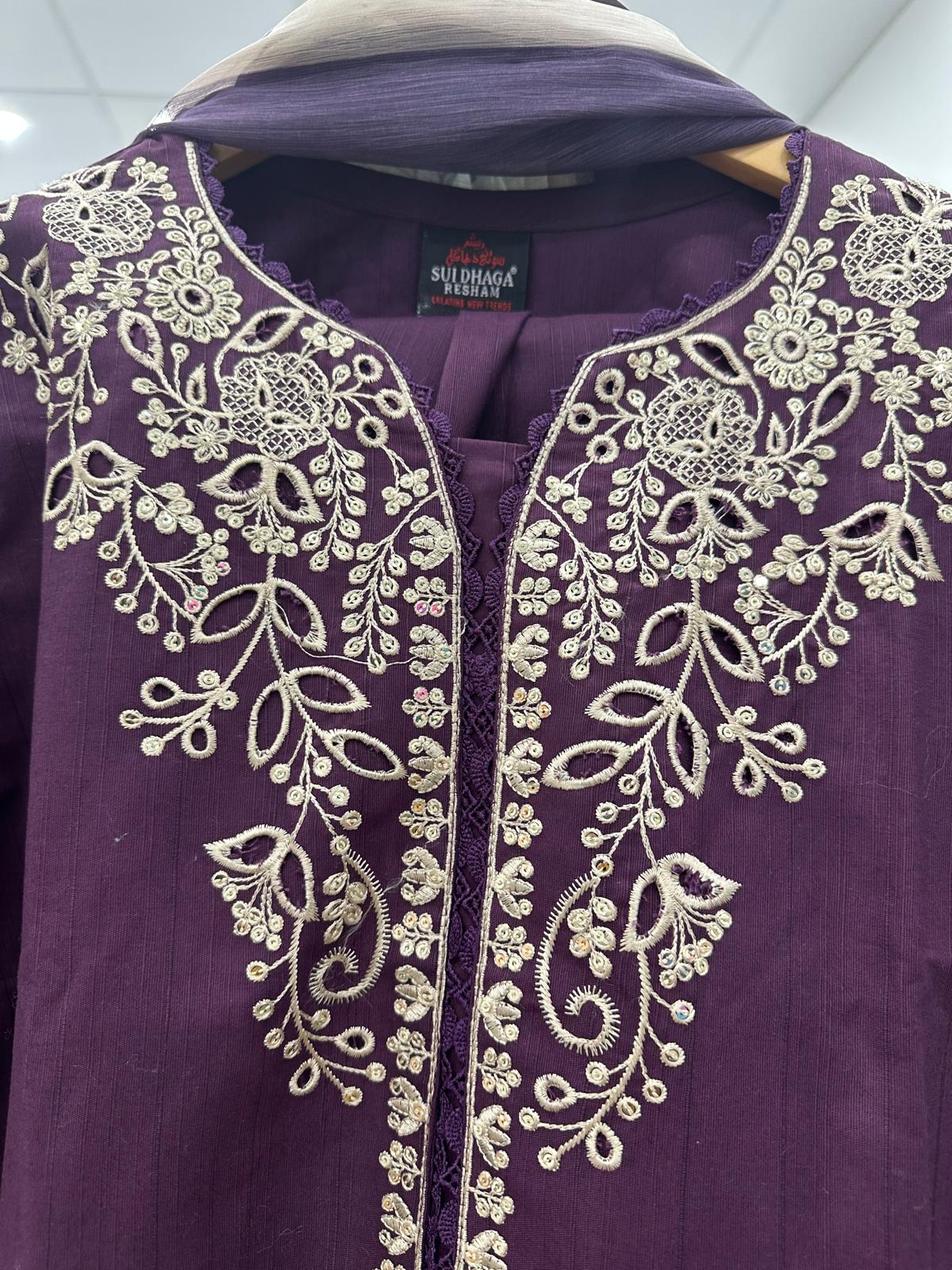 Magenta embroidered cotton lawn 3-piece suit with plain trouser and printed dupatta