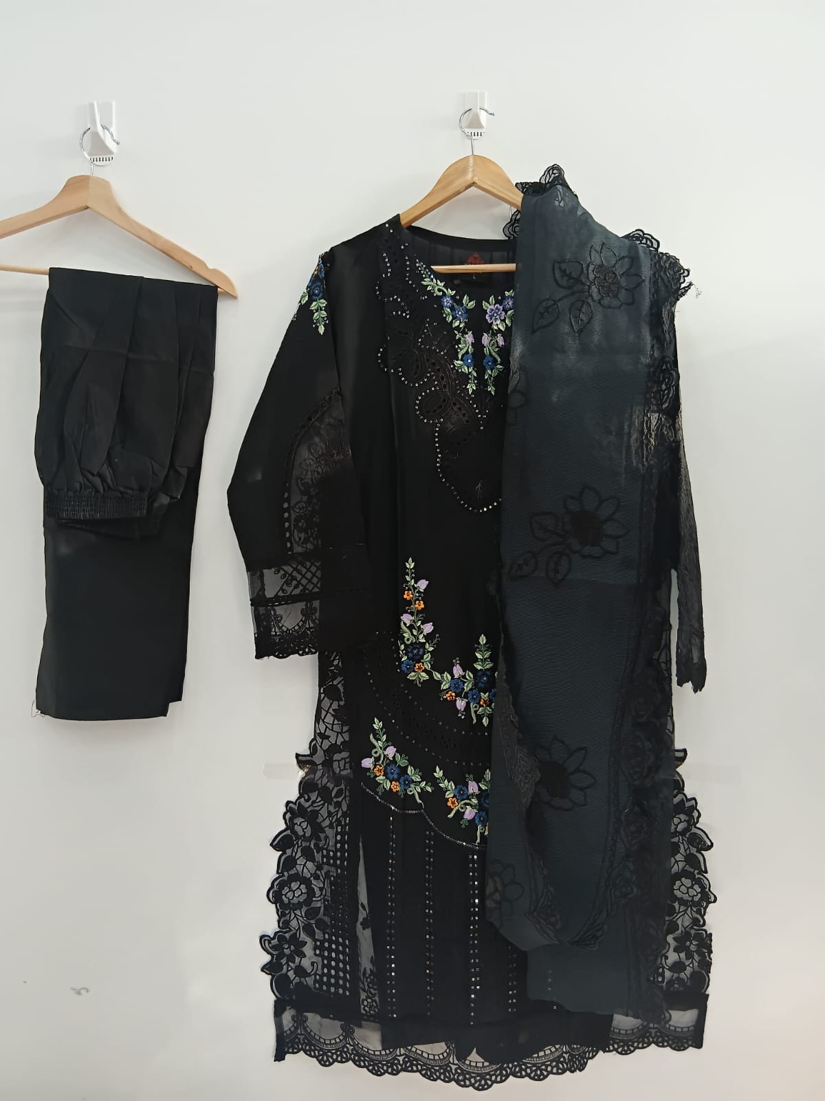Black cotton shirt with heavy embroidery, chikankari and sitari work
