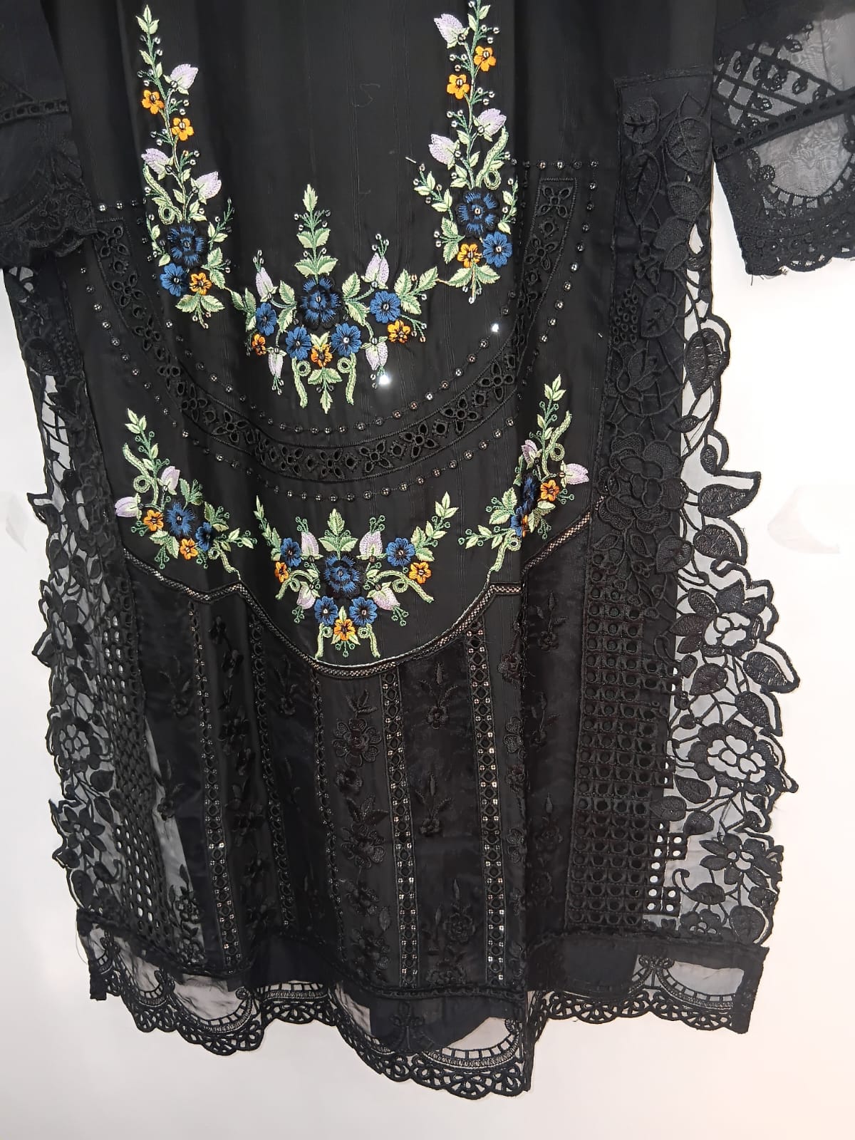 Black embroidered cotton 3-piece suit with plain trouser and khaddi net dupatta