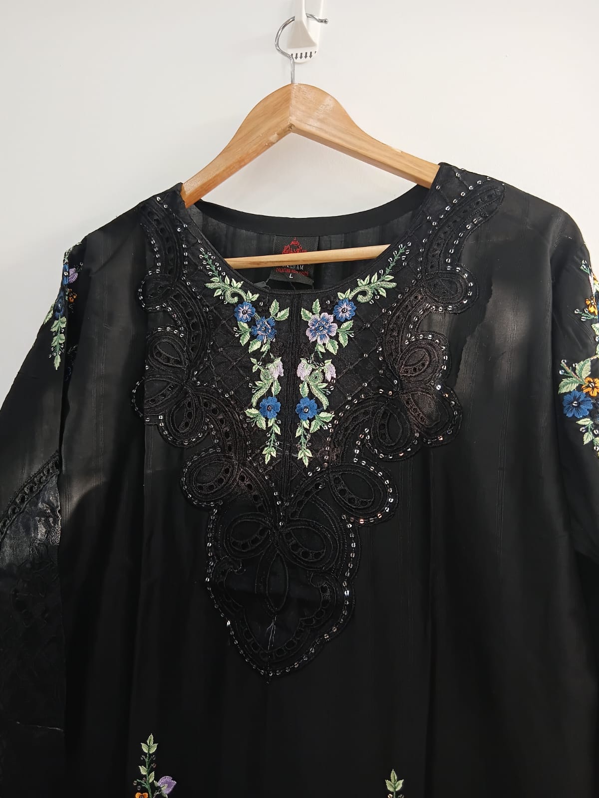 Black cotton shirt with heavy embroidery, chikankari and sitari work