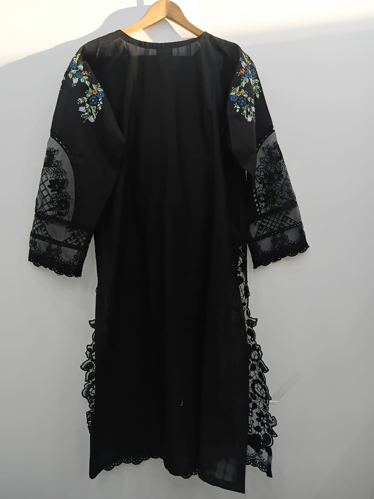 Black embroidered cotton 3-piece suit with plain trouser and khaddi net dupatta