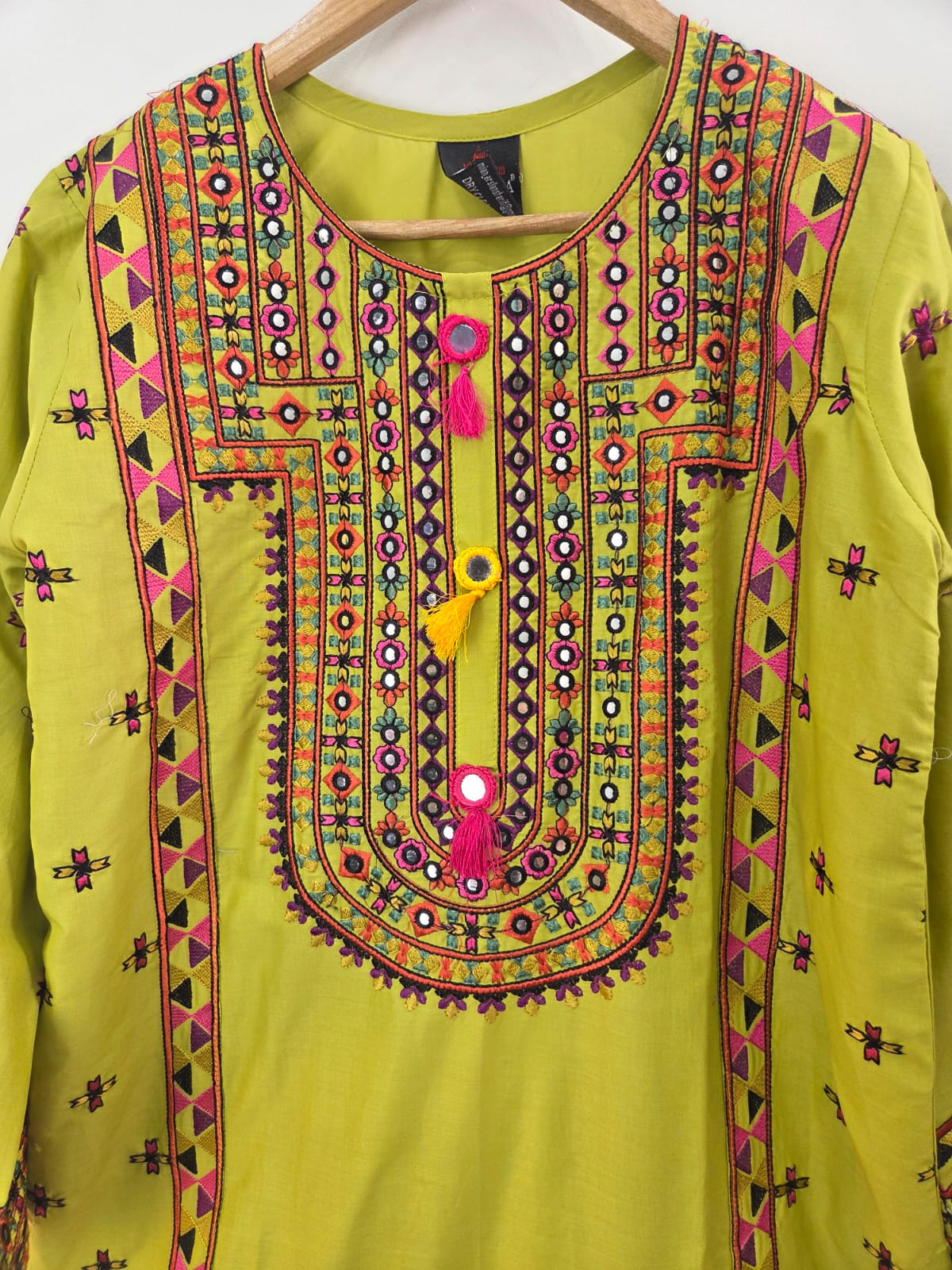 "Parrot green cotton lawn shirt with multi embroidery, paired with embroidered farshi shalwar and diamond dupatta