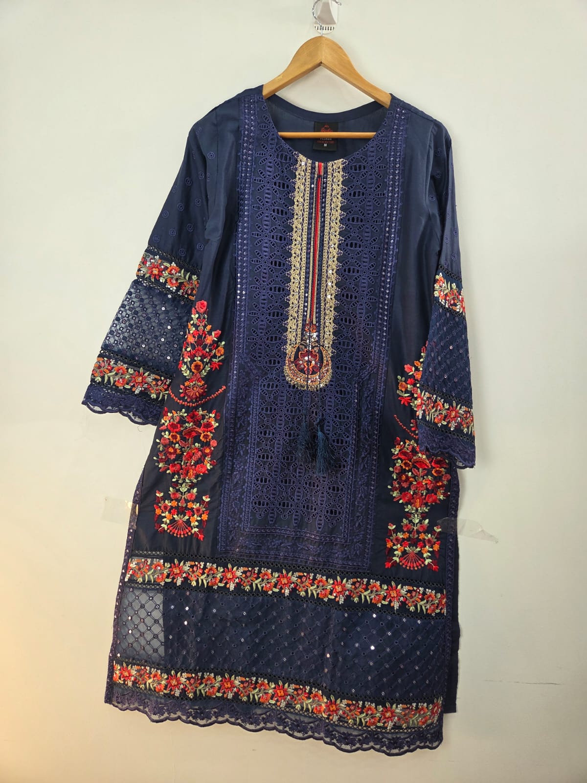 Navy blue cotton lawn shirt with chikankari embroidery, sitari work, and printed khaddi net dupatta