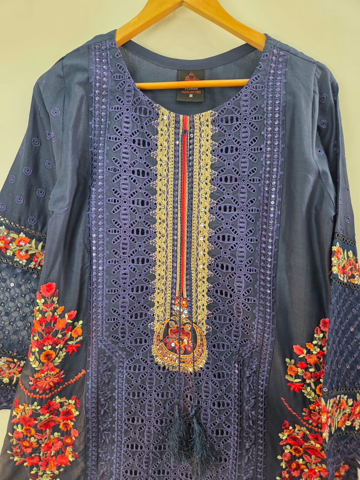 Navy blue embroidered cotton lawn 3-piece suit with plain trouser and printed khaddi net dupatta