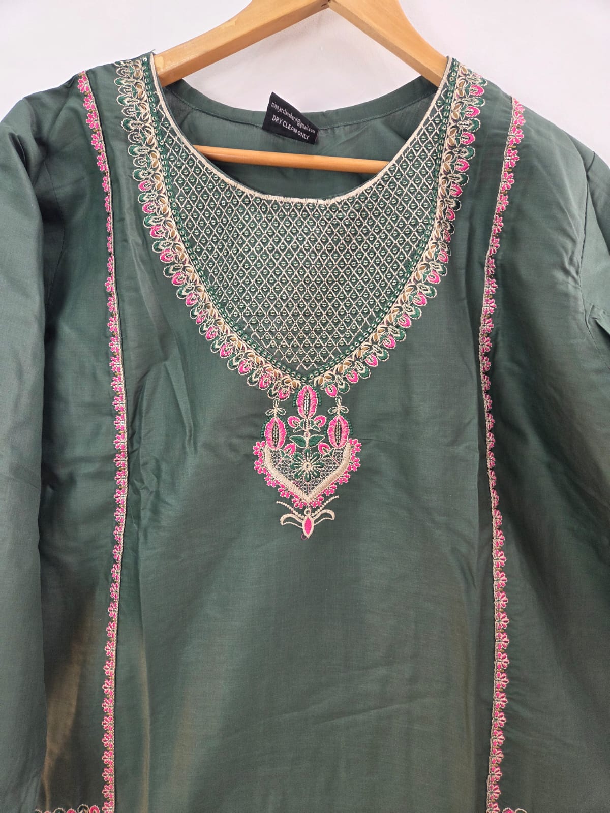 Green cotton lawn shirt with pink embroidery and tila work, paired with printed dupatta