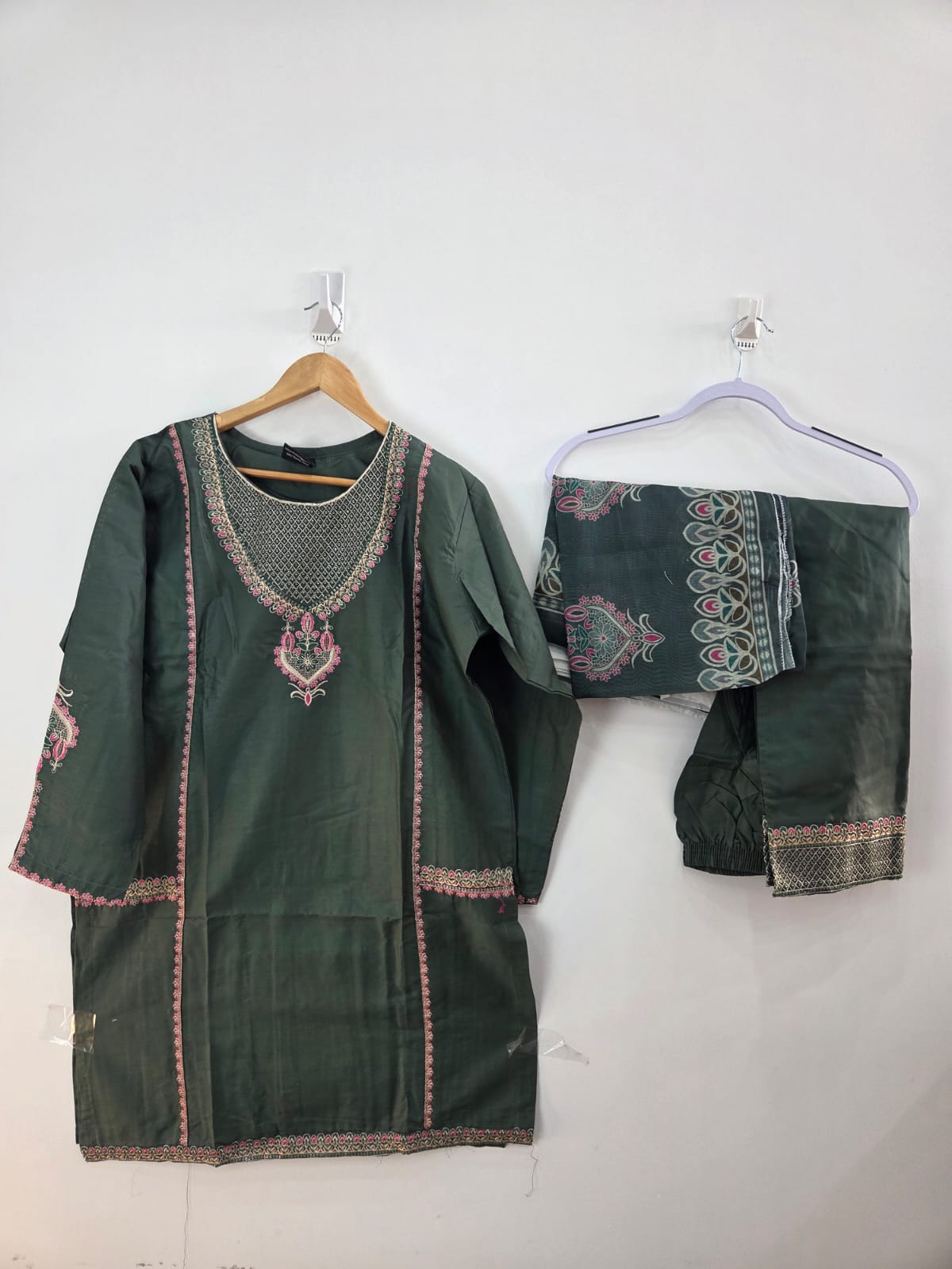 Green cotton lawn shirt with pink embroidery and tila work, paired with printed dupatta