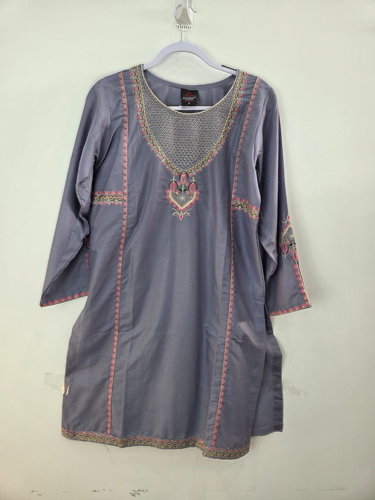 Gray cotton lawn shirt with pink embroidery and tila work, paired with printed dupatta