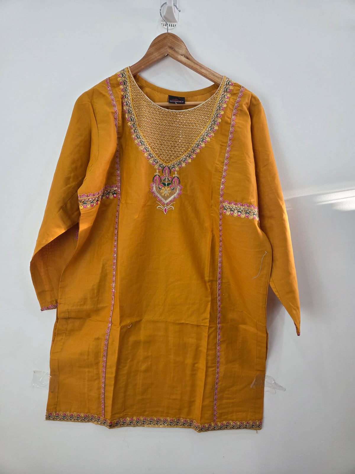 Mustard embroidered cotton lawn 3-piece suit with plain trouser and printed diamond dupatta
