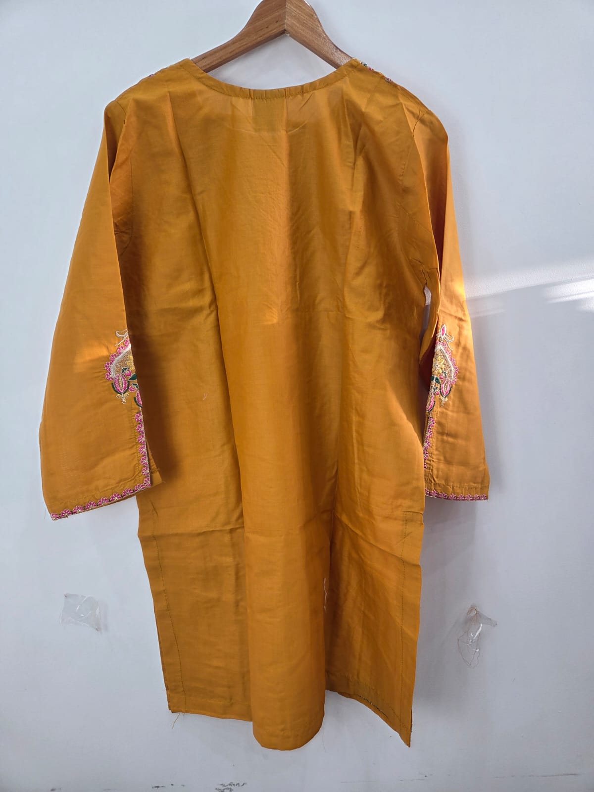 Mustard embroidered cotton lawn 3-piece suit with plain trouser and printed diamond dupatta
