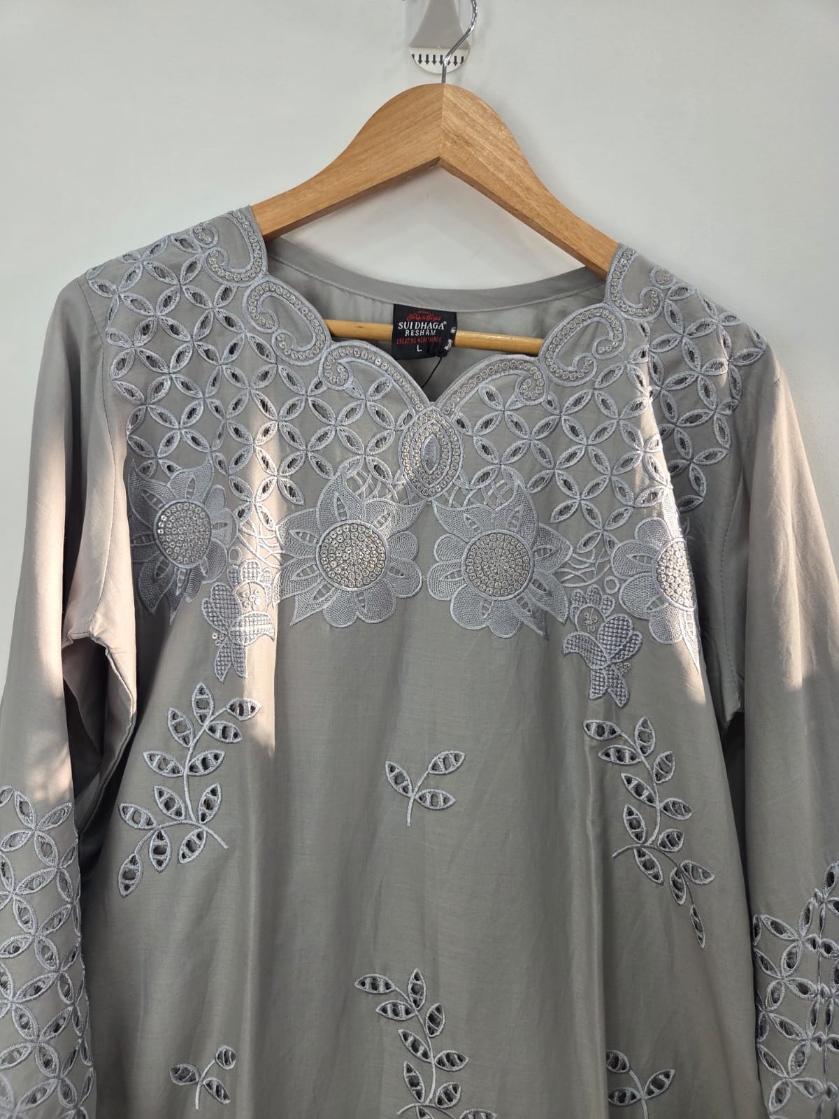 Silver embroidered lawn 3-piece suit with plain trouser and printed organza dupatta