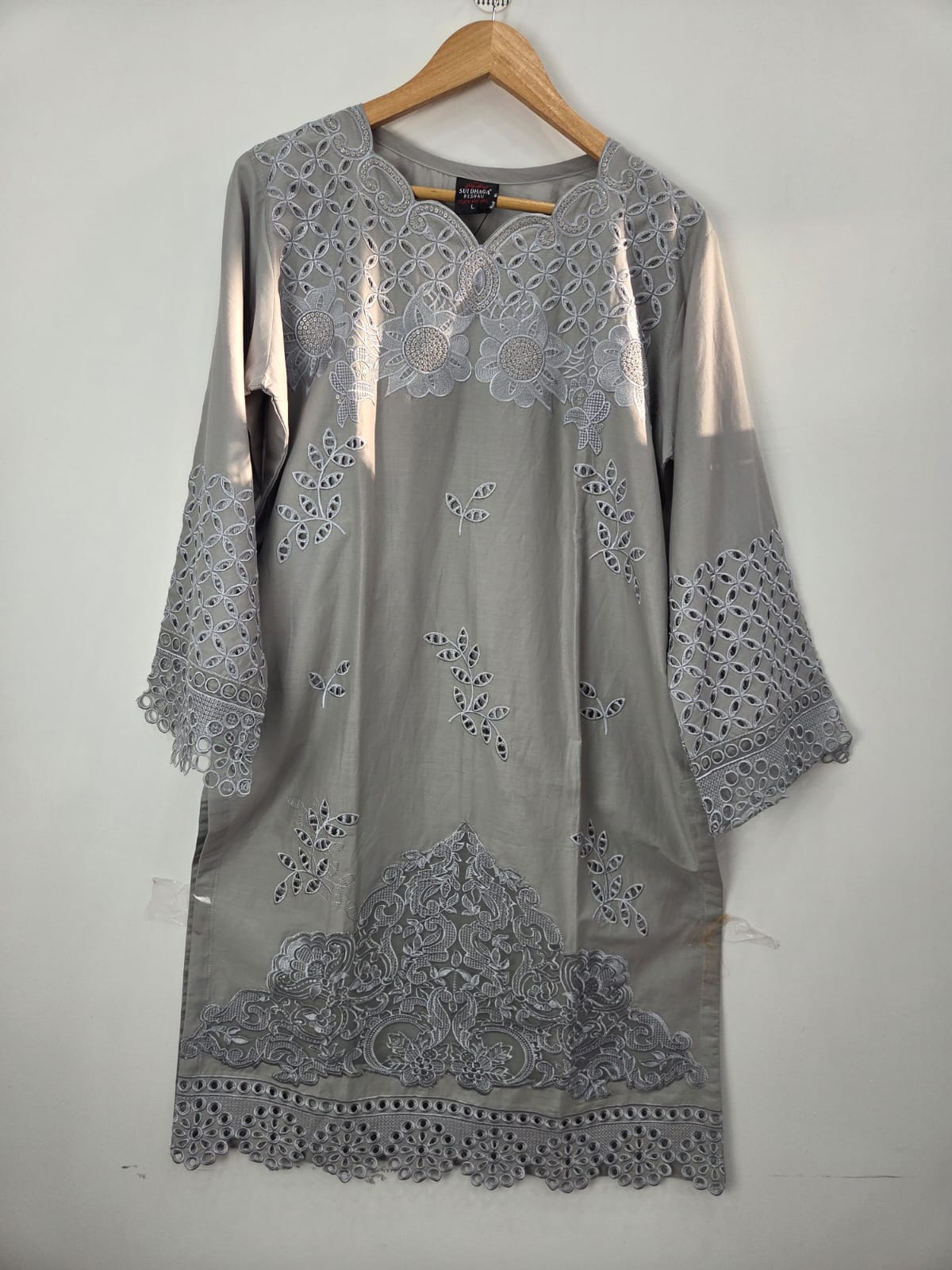 Silver embroidered lawn 3-piece suit with plain trouser and printed organza dupatta
