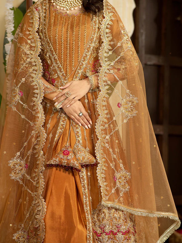 Rust orange embroidered net flared maxi with straight raw silk trouser and matching net dupatta – perfect for festive and party occasions