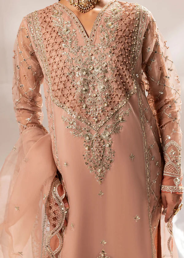 Peach pink organza 3-piece kurta set for women with embroidered kurta, straight trousers, and organza dupatta – festive and party wear outfit.