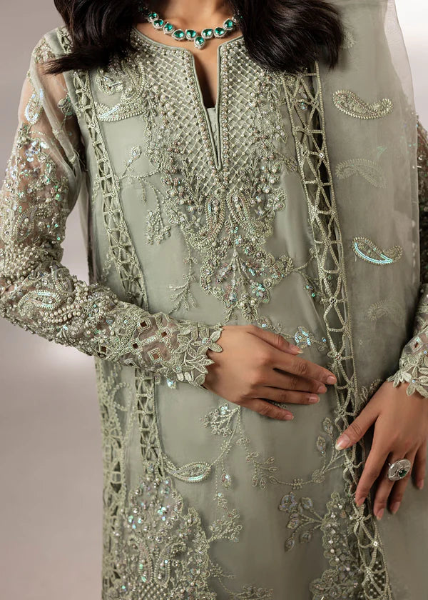 Moss green embroidered organza kurta set with matching dupatta – 3 piece festive and party wear outfit for women.