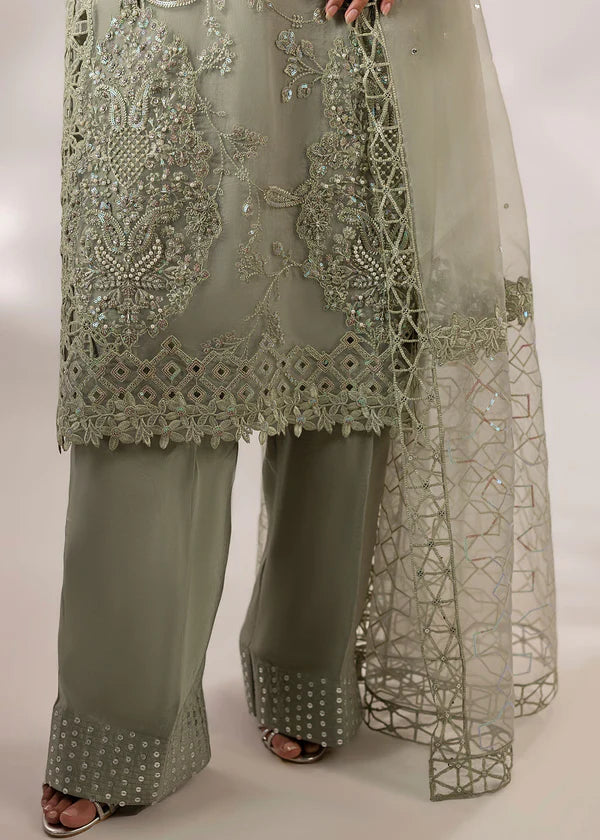 Moss green embroidered organza kurta set with matching dupatta – 3 piece festive and party wear outfit for women.