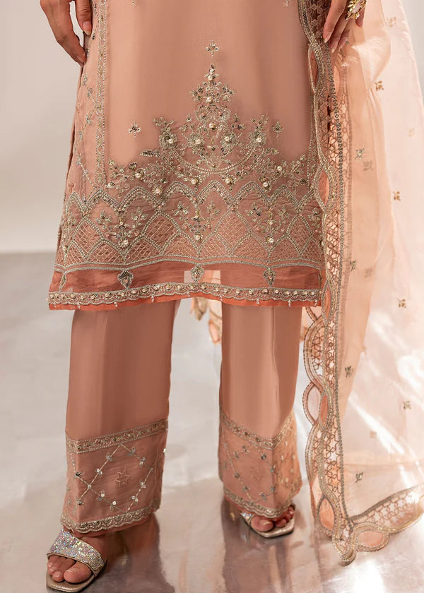 Peach pink organza 3-piece kurta set for women with embroidered kurta, straight trousers, and organza dupatta – festive and party wear outfit.