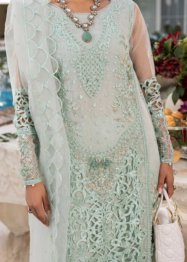 Mint green organza 3-piece kurta set for women with long embroidered kurta, viscose trousers, and organza dupatta – festive and party wear outfit.