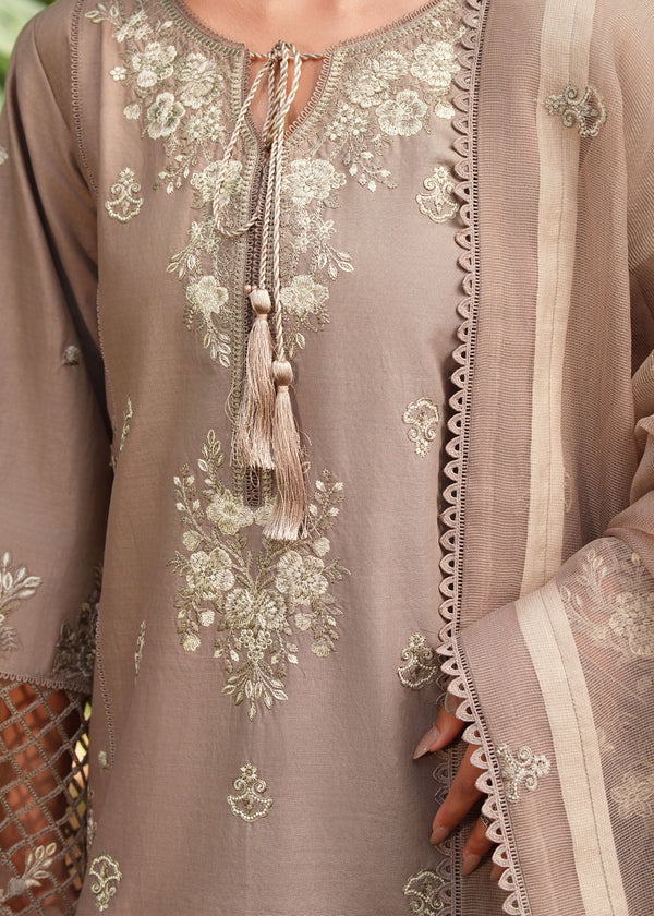 Beige embroidered lawn kurta set with farshi shalwar and organza net dupatta – 3-piece summer festive outfit for women.