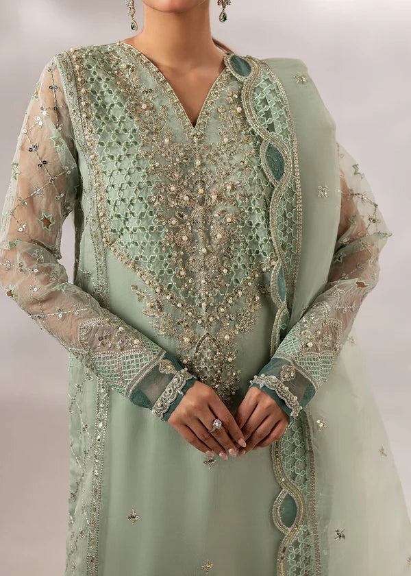 Mint green embroidered organza kurta set with straight trouser and organza dupatta, ideal for festive and party wear